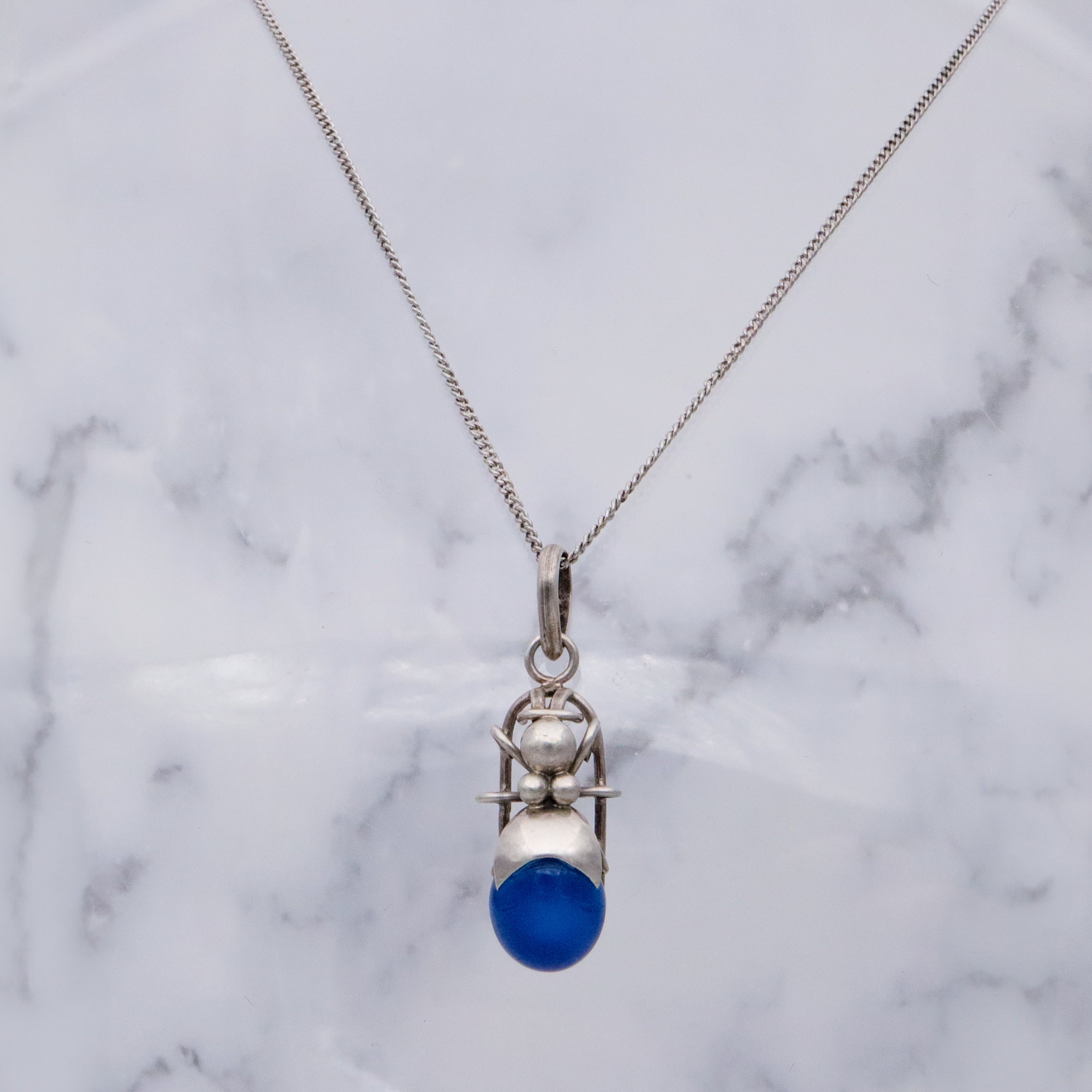 Vintage sterling blue chalcedony beetle bug pendant